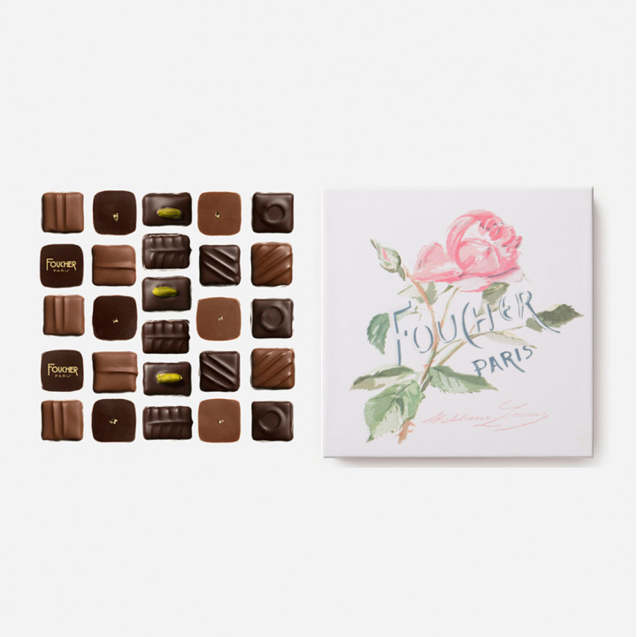 Assortiment de chocolats 250 g - Boite "Rose" dessinée par Madelaine Lemaire